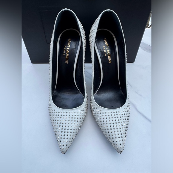 YSL SAINT LAURENT Metallic Studded High Heels Pumps Silver White 38 - Picture 6 of 9